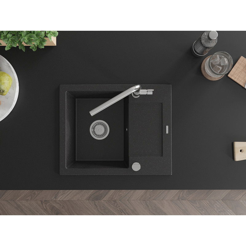 Mexen Enzo chiuvetă de bucătărie din granit cu 1 cuvă cu picurător și baterie Flora, negru/argintiu metalic - 6506-73-670401-00