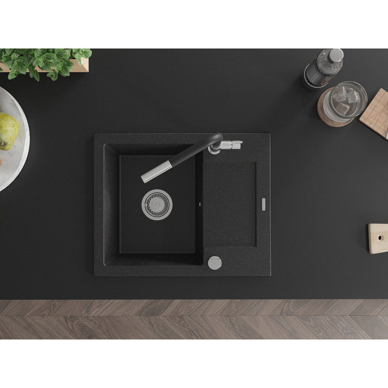 Mexen Enzo 1-medencés gránit mosogató csepptálcával és Flora konyhai csapteleppel, fekete/ezüst metál - 6506-73-670401-07