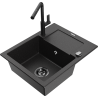 Mexen Enzo chiuvetă de granit cu o singură cuvă, cu scurgător și baterie de bucătărie Flora, negru/metalic argintiu
