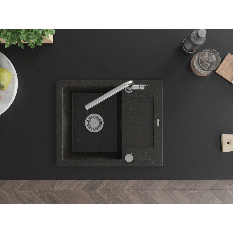 Mexen Enzo egymedencés gránit mosogató lefolyóval és Flora konyhai keverőcsapteleppel, fekete/arany metál - 6506-75-670401-00