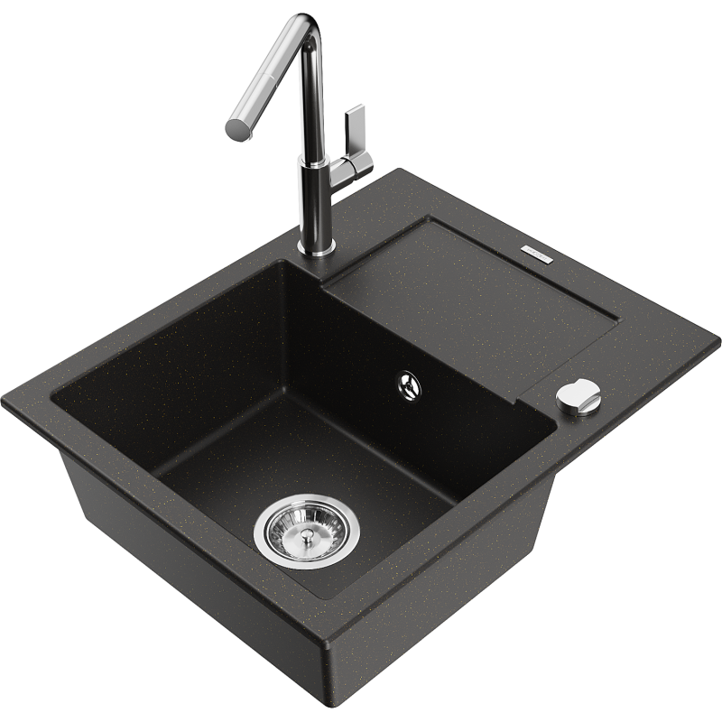 Chiuvetă granit Mexen Enzo, 1 compartiment, cu scurgător și baterie bucătărie Flora, negru/auriu metalic - 6506-75-670401-00