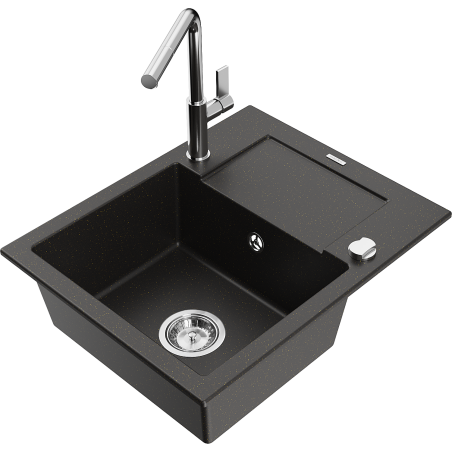 Chiuvetă granit Mexen Enzo, 1 compartiment, cu scurgător și baterie bucătărie Flora, negru/auriu metalic - 6506-75-670401-00