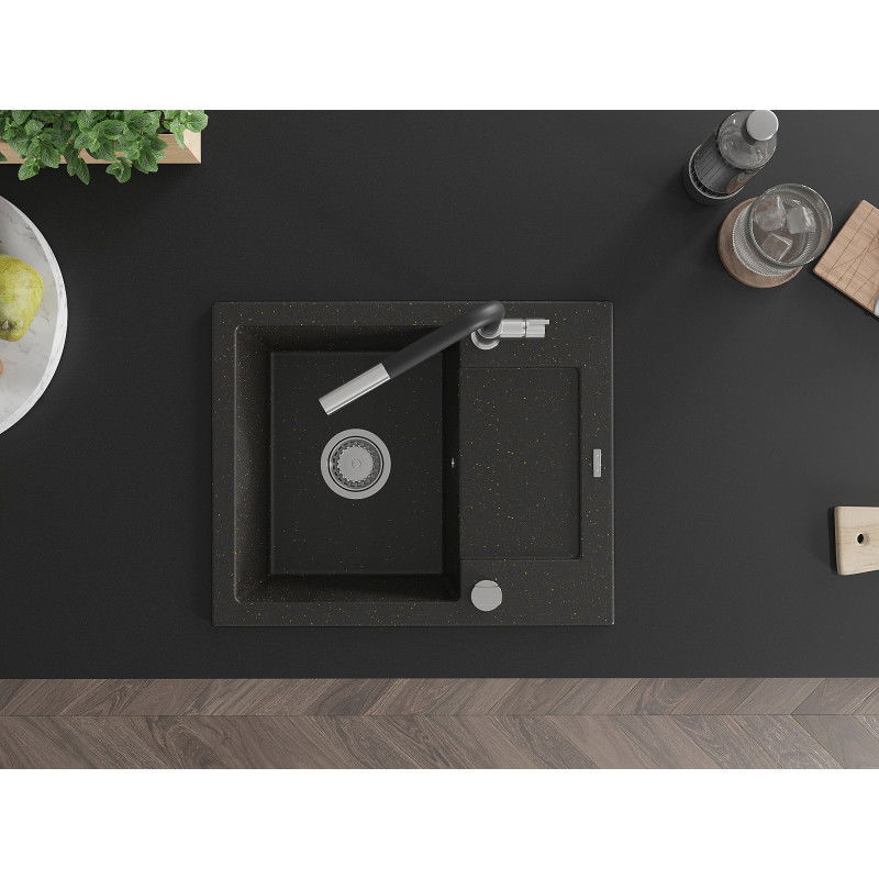 Mexen Enzo 1-kamrás gránit mosogató csepegtetővel és Flora konyhai csapteleppel, fekete/arany metál - 6506-75-670401-07