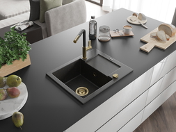 Mexen Enzo chiuvetă granit 1-cameră cu picurător și baterie de bucătărie Flora, negru/auriu metalic - 6506-75-670401-57-G