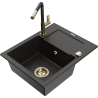 Mexen Enzo chiuvetă de granit cu 1 compartiment cu scurgător și baterie de bucătărie Flora, negru/metalizat auriu