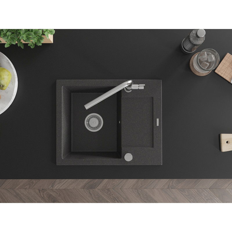 Mexen Enzo 1-medencés gránit mosogató csepegtetővel és Flora konyhai csapteleppel, fekete pöttyös - 6506-76-670401-00