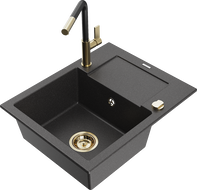 Mexen Enzo chiuvetă de bucătărie din granit cu 1 cameră, cu scurgător și baterie Flora, negru presărat - 6506-76-670401-57-G