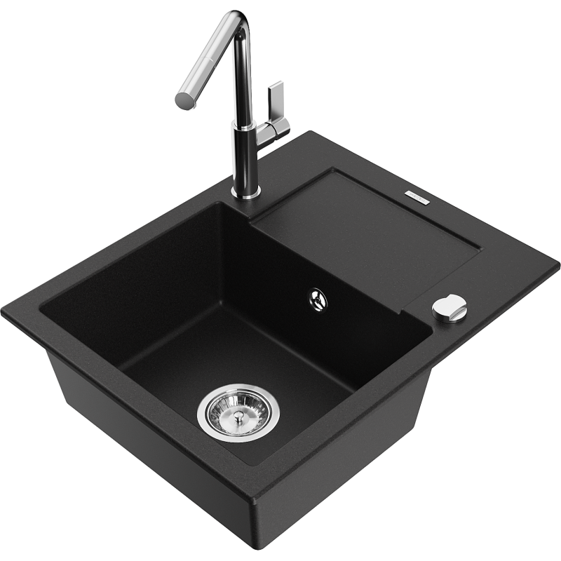 Mexen Enzo 1-medencés gránit mosogató csepegtetővel és Flora konyhai csapteleppel, fekete - 6506-77-670401-00
