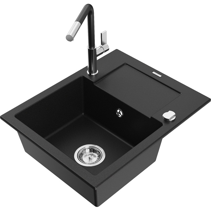 Mexen Enzo chiuvetă de granit cu 1 compartiment, cu scurgător și baterie de bucătărie Flora, negru - 6506-77-670401-07