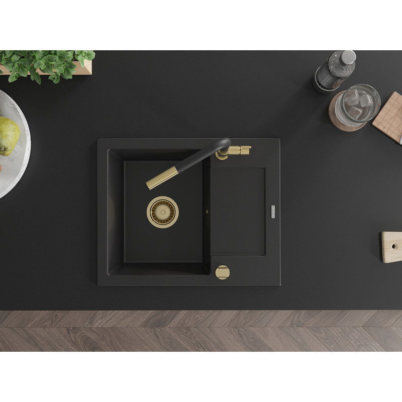 Mexen Enzo chiuvetă granit 1-cuvă cu scurgător și baterie de bucătărie Flora, negru - 6506-77-670401-57-G