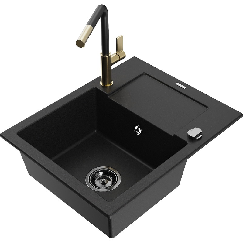 Mexen Enzo gránit mosogató 1-medencés csepegtetővel és Flora konyhai csapteleppel, fekete - 6506-77-670401-57-B