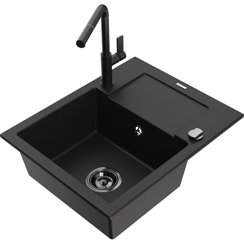 Mexen Enzo gránit mosogató csepegtetővel és Flora konyhai csapteleppel, fekete - 6506-77-670401-70-B