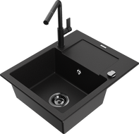 Mexen Enzo chiuvetă de bucătărie din granit cu 1 compartiment și scurgător și baterie Flora, negru - 6506-77-670401-70-B