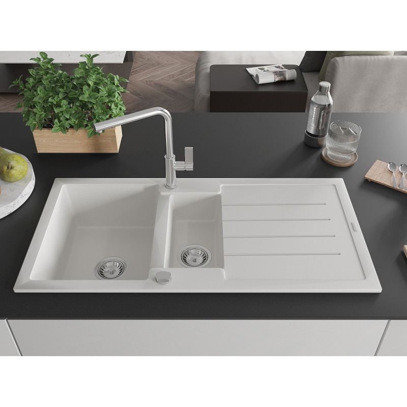 Mexen Andres chiuvetă de granit 1,5 camere cu scurgător și baterie de bucătărie Flora, albă - 6515-20-670401-00