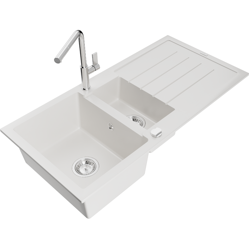 Mexen Andres chiuvetă de granit 1,5-camere cu scurgător și baterie de bucătărie Flora, alb - 6515-20-670401-00