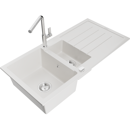Mexen Andres chiuvetă de granit 1,5-camere cu scurgător și baterie de bucătărie Flora, alb - 6515-20-670401-00