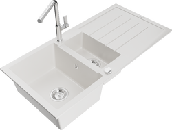 Mexen Andres gránit mosogató 1,5 medencés, csepegtetővel és Flora konyhai csapteleppel, fehér - 6515-20-670401-00