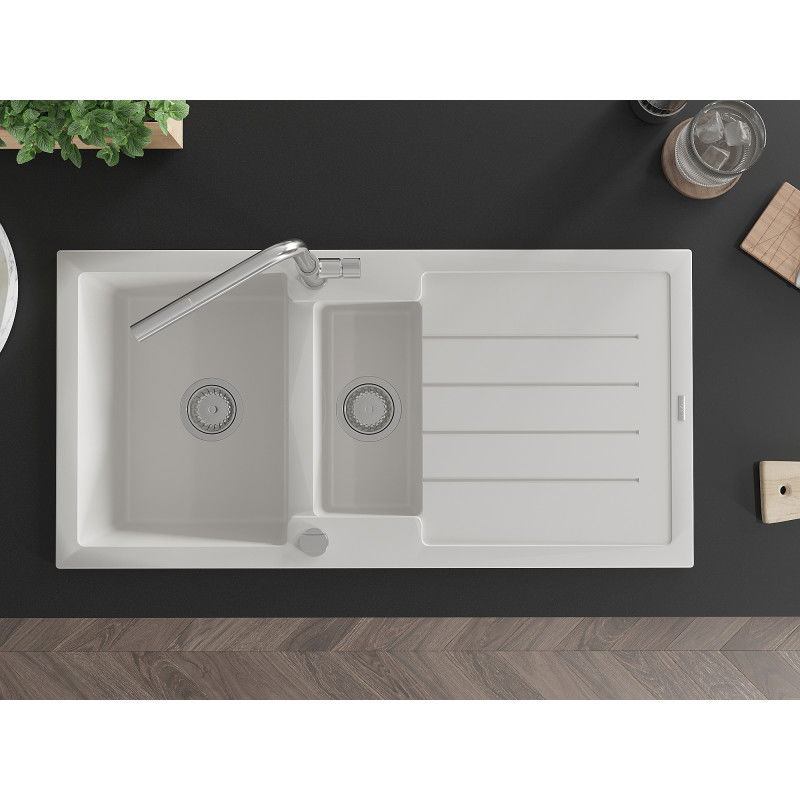 Mexen Andres chiuvetă de granit 1,5-camere cu scurgător și baterie de bucătărie Flora, alb - 6515-20-670401-00