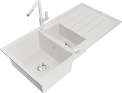 Mexen Andres 1,5-ütéses gránit mosogató csepegtetővel és Flora konyhai csapteleppel, fehér - 6515-20-670401-02