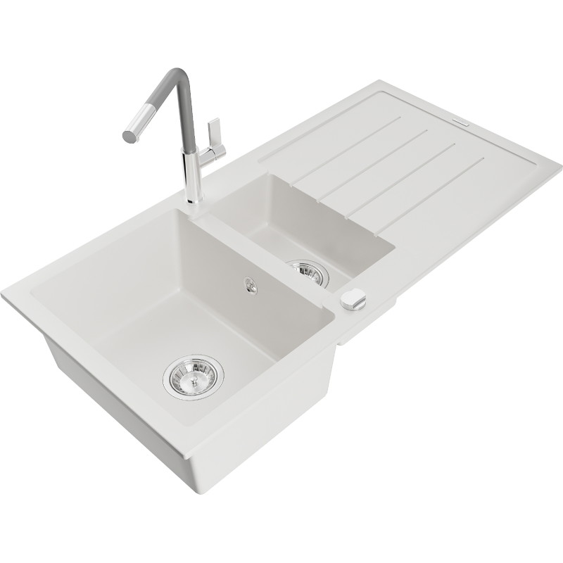 Mexen Andres chiuvetă de granit cu 1,5 compartimente cu scurgător și baterie de bucătărie Flora, alb - 6515-20-670401-06
