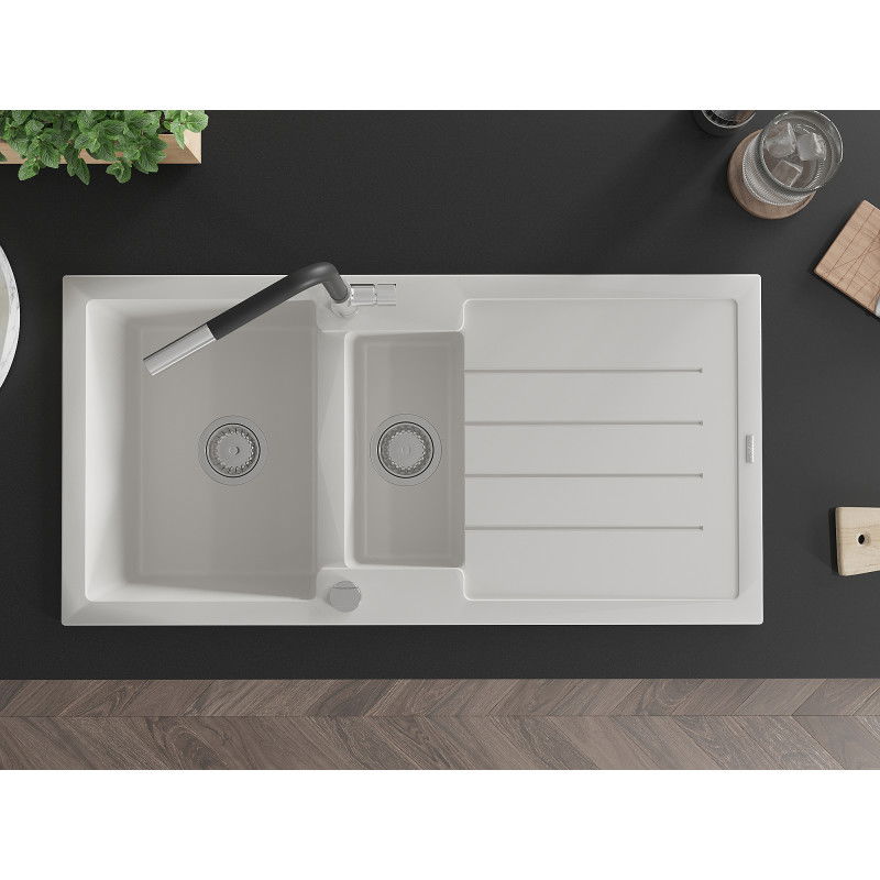 Mexen Andres chiuvetă de granit cu 1,5 compartimente cu scurgător și baterie de bucătărie Flora, albă - 6515-20-670401-07