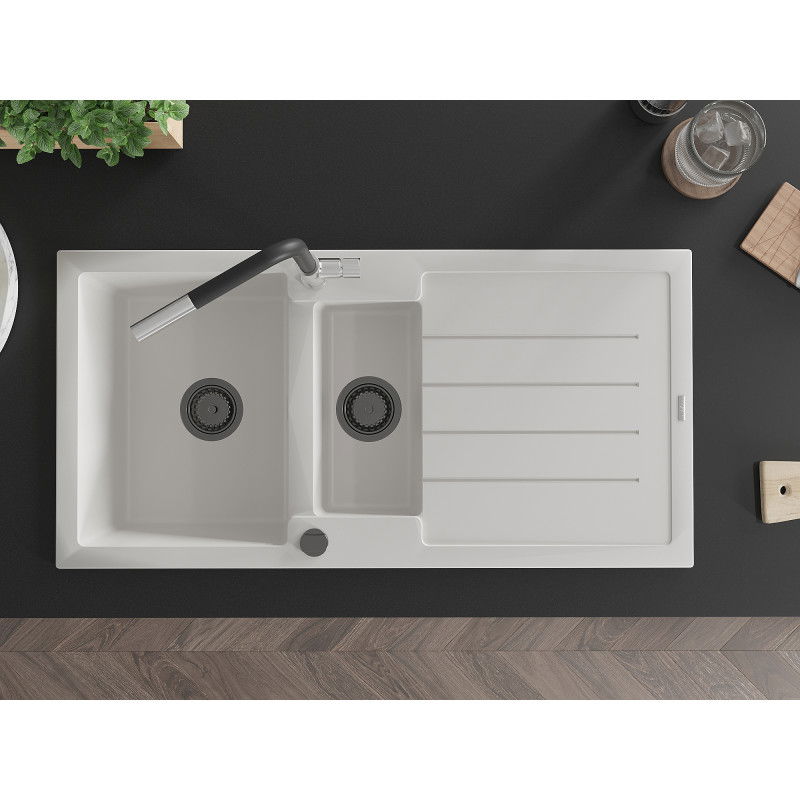 Mexen Andres chiuvetă de granit cu 1,5 cuve și picurător și baterie de bucătărie Flora, alb - 6515-20-670401-07-B