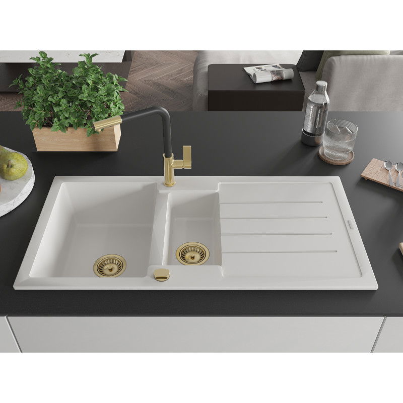 Mexen Andres chiuvetă granit 1,5-cupe cu scurgător și baterie de bucătărie Flora, alb - 6515-20-670401-57-G