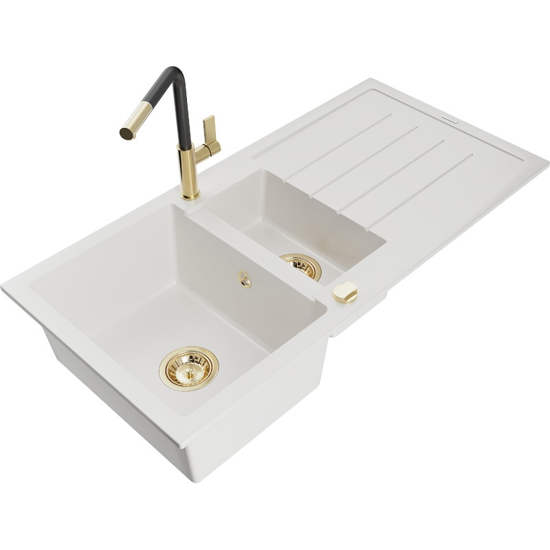 Mexen Andres chiuvetă de granit cu 1,5 camere cu scurgător și baterie de bucătărie Flora, albă - 6515-20-670401-57-G