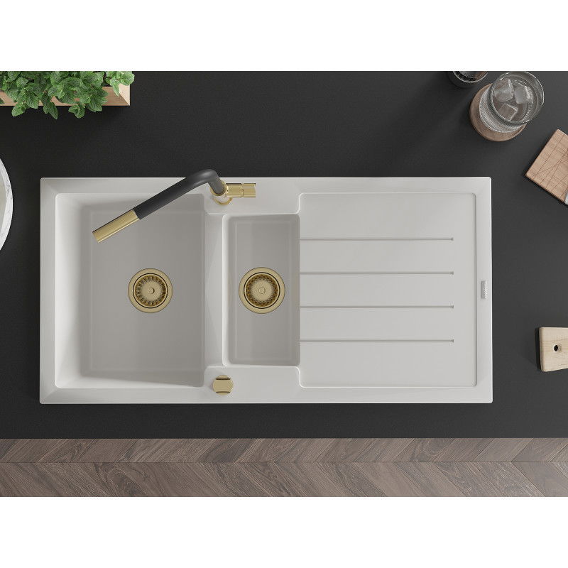 Mexen Andres 1,5-medencés gránit mosogató csepegtetővel és Flora konyhai csapteleppel, fehér - 6515-20-670401-57-G