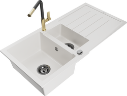 Mexen Andres chiuvetă din granit cu 1,5 compartimente cu scurgător și baterie de bucătărie Flora, alb - 6515-20-670401-57-B