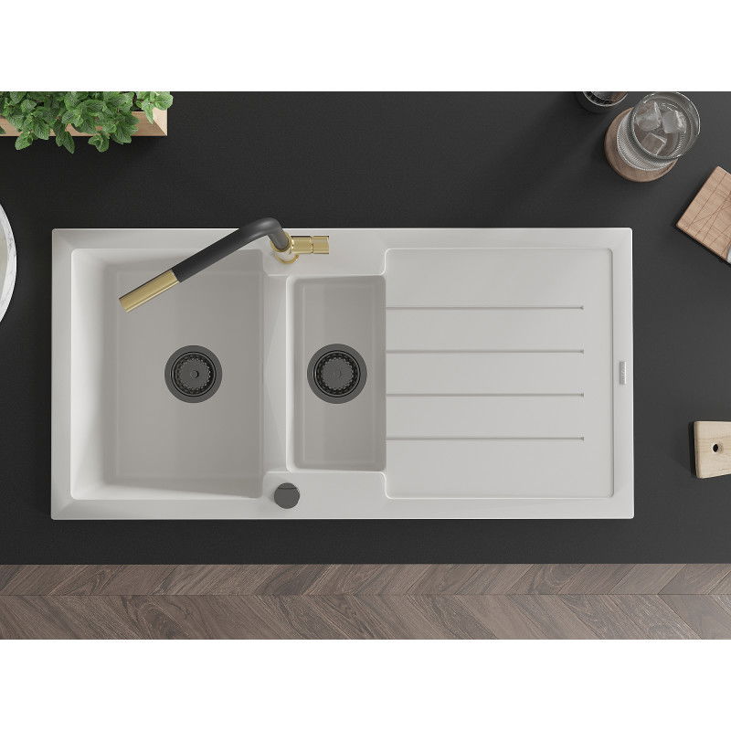 Mexen Andres 1,5-medencés gránit mosogató lefolyóval és Flora konyhai csapteleppel, fehér - 6515-20-670401-57-B