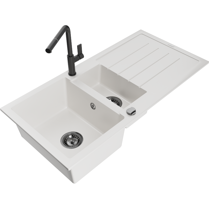 Mexen Andres gránit mosogató 1,5 medencés lefolyóval és Flora konyhai csappal, fehér - 6515-20-670401-70-B