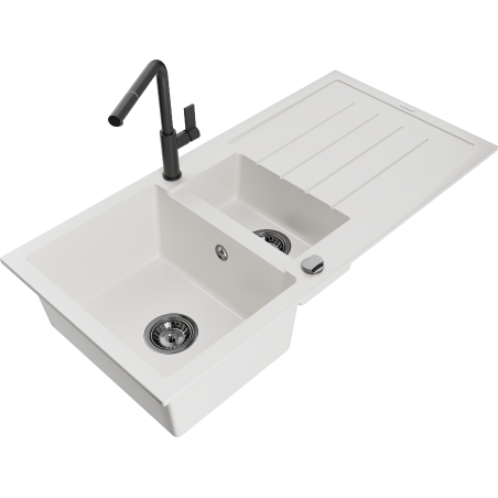 Mexen Andres gránit mosogató 1,5 medencés lefolyóval és Flora konyhai csappal, fehér - 6515-20-670401-70-B
