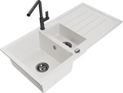 Mexen Andres chiuvetă din granit cu 1,5 compartimente și scurgător și baterie de bucătărie Flora, alb - 6515-20-670401-70-B