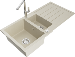 Mexen Andres 1,5-medencés gránit mosogató csepegtetővel és Flora konyhai csapteleppel, bézs - 6515-69-670401-00