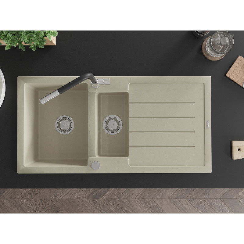 Mexen Andres chiuvetă din granit cu 1,5 cuve, cu scurgător și baterie de bucătărie Flora, bej - 6515-69-670401-07