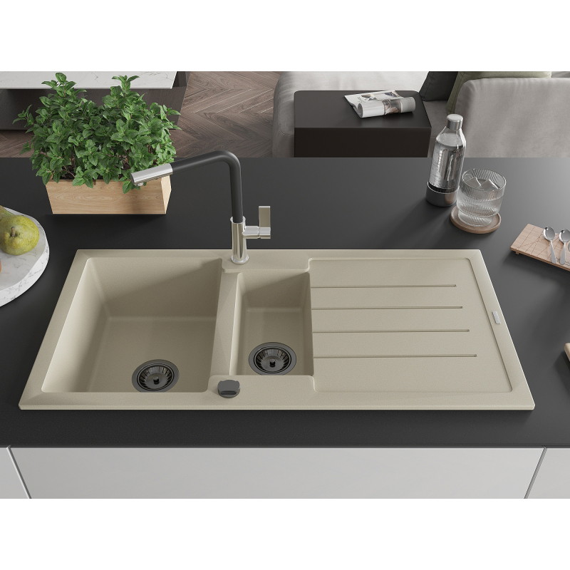 Mexen Andres chiuvetă de granit cu 1,5 cuve cu picurător și baterie de bucătărie Flora, bej - 6515-69-670401-07-B