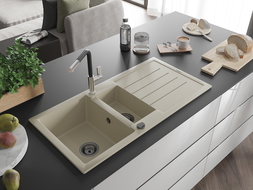 Mexen Andres chiuvetă din granit cu 1,5 cuve cu scurgător și baterie de bucătărie Flora, bej - 6515-69-670401-07-B