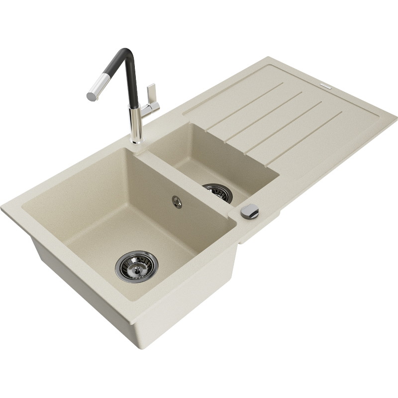Mexen Andres chiuvetă de granit cu 1,5 cuve cu picurător și baterie de bucătărie Flora, bej - 6515-69-670401-07-B