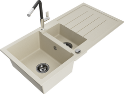 Mexen Andres chiuvetă din granit cu 1,5 cuve cu scurgător și baterie de bucătărie Flora, bej - 6515-69-670401-07-B