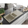 Mexen Andres chiuvetă de bucătărie din granit cu 1,5 compartimente, cu scurgător și baterie Flora, bej - 6515-69-670401-09