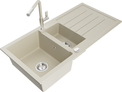 Mexen Andres 1,5 medencés gránit mosogató csepegtetővel és Flora konyhai csapteleppel, beige - 6515-69-670401-09
