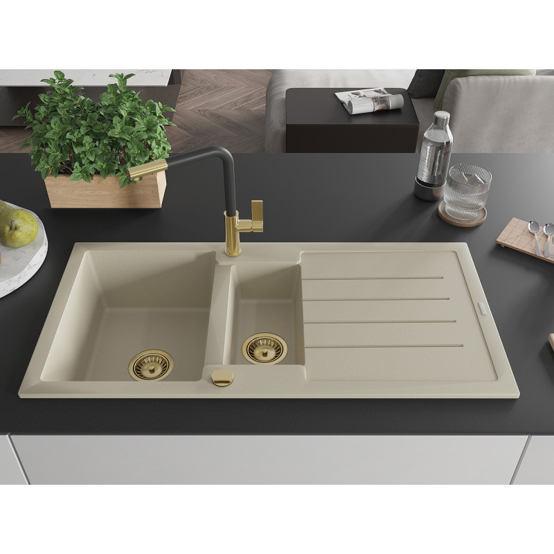 Mexen Andres chiuvetă de granit cu 1,5 cuve cu scurgător și baterie de bucătărie Flora, bej - 6515-69-670401-57-G