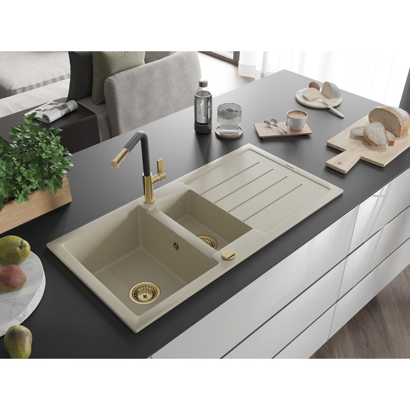 Mexen Andres chiuvetă de granit cu 1,5 compartimente cu scurgător și baterie de bucătărie Flora, bej - 6515-69-670401-57-G