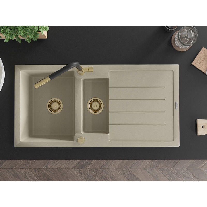 Mexen Andres chiuvetă de granit cu 1,5 compartimente cu picurător și baterie de bucătărie Flora, bej - 6515-69-670401-57-G