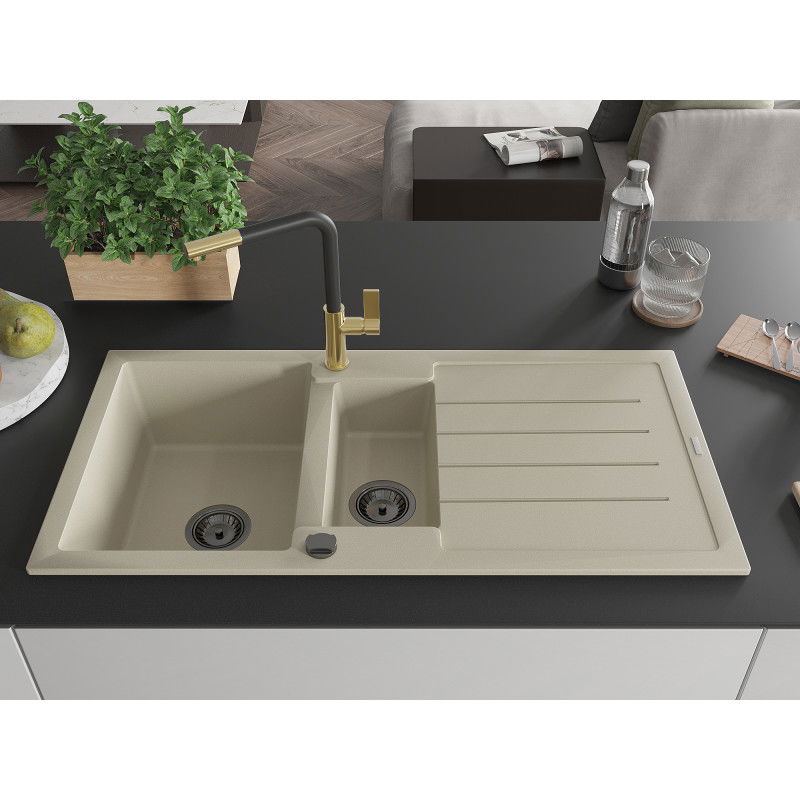 Mexen Andres 1,5-medencés gránit mosogató csepegtetővel és Flora konyhai csapteleppel, bézs - 6515-69-670401-57-B