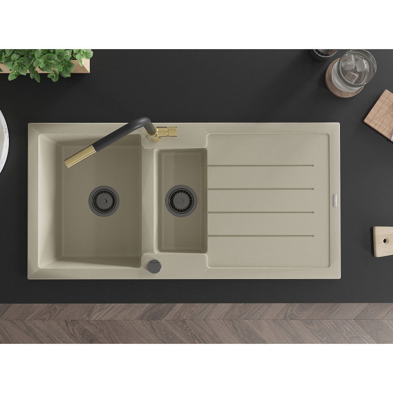 Mexen Andres chiuvetă de granit cu 1,5 compartimente, cu scurgător și baterie de bucătărie Flora, bej - 6515-69-670401-57-B