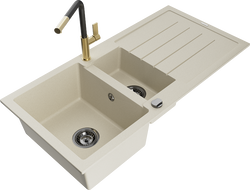 Mexen Andres 1,5-medencés gránit mosogató csepegtetővel és Flora konyhai csapteleppel, bézs - 6515-69-670401-57-B