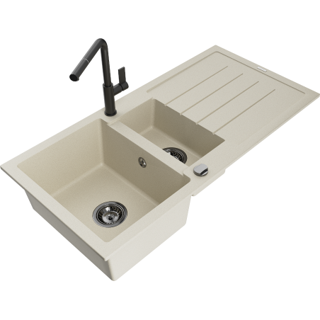 Mexen Andres chiuvetă granit 1,5-camere cu scurgător și baterie de bucătărie Flora, bej - 6515-69-670401-70-B