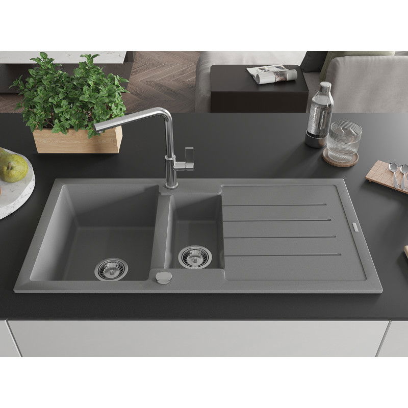 Mexen Andres chiuvetă granit 1,5 camere cu picurător și baterie de bucătărie Flora, gri - 6515-71-670401-00
